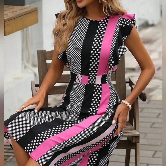 Polka Dot & Striped Print Ruffle Trim Dress - Picture 3 of 5